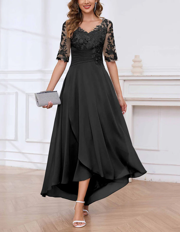 Abito midi blu navy con pizzo, scollo a V e maniche a metà lunghezza