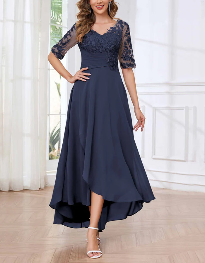 Robe midi bleu marine à manches mi-longues et col en V avec bordure en dentelle