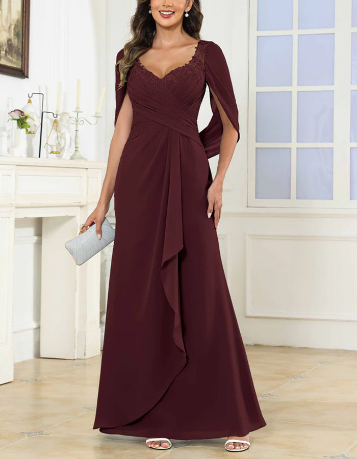 Solid Color Chiffon Lace V-neck Shawl Sleeves Gathered Hem Maxi Dress