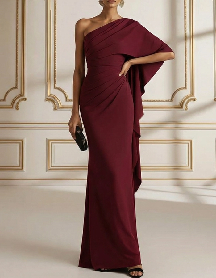 Vestido Maxi Justo com Drapeado e Ombro Único