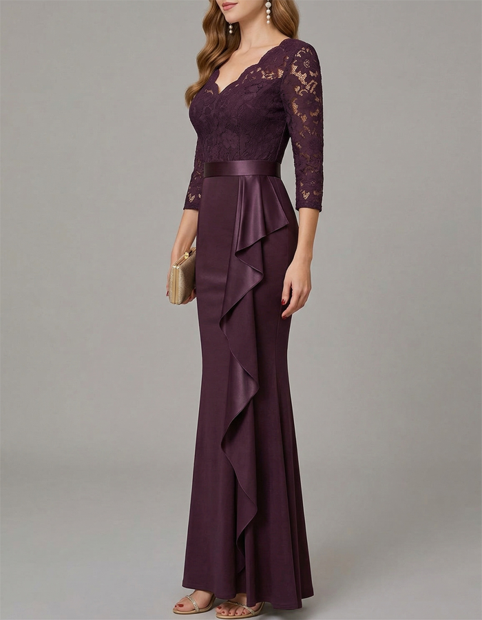 V-neck Lace-satin Mermaid Maxi Dress