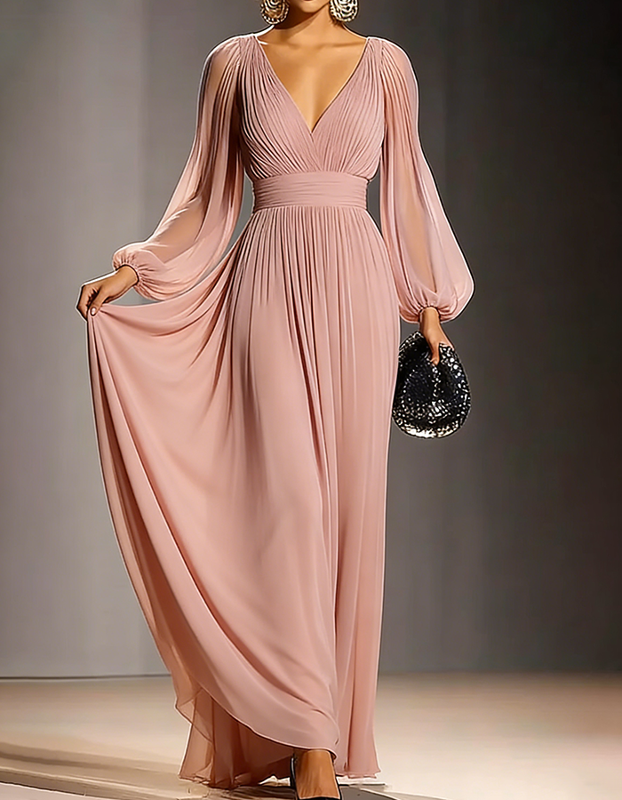 Abito lungo plissettato in chiffon con scollo a V