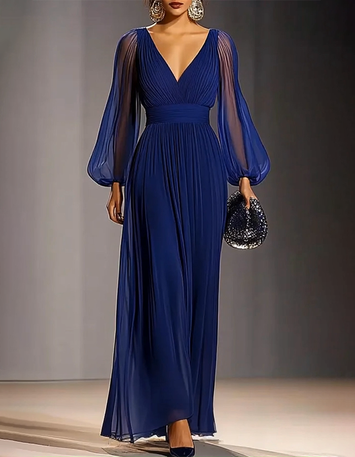 Vestido largo plisado de gasa con escote en V