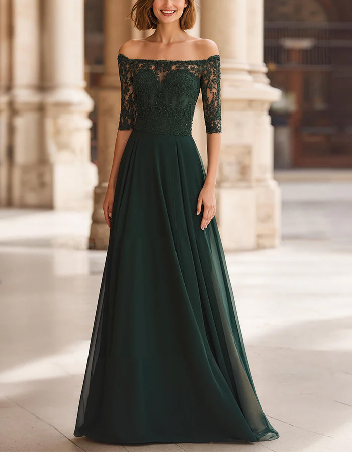 Vestido Maxi Verde Escuro em Renda Ombro a Ombro com Mangas de Comprimento Médio e Saia Cheia  
