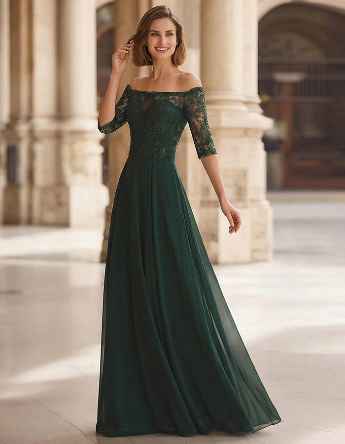 Rochie maxi verde închis din dantelă cu umerii goi, mâneci medii și croială completă