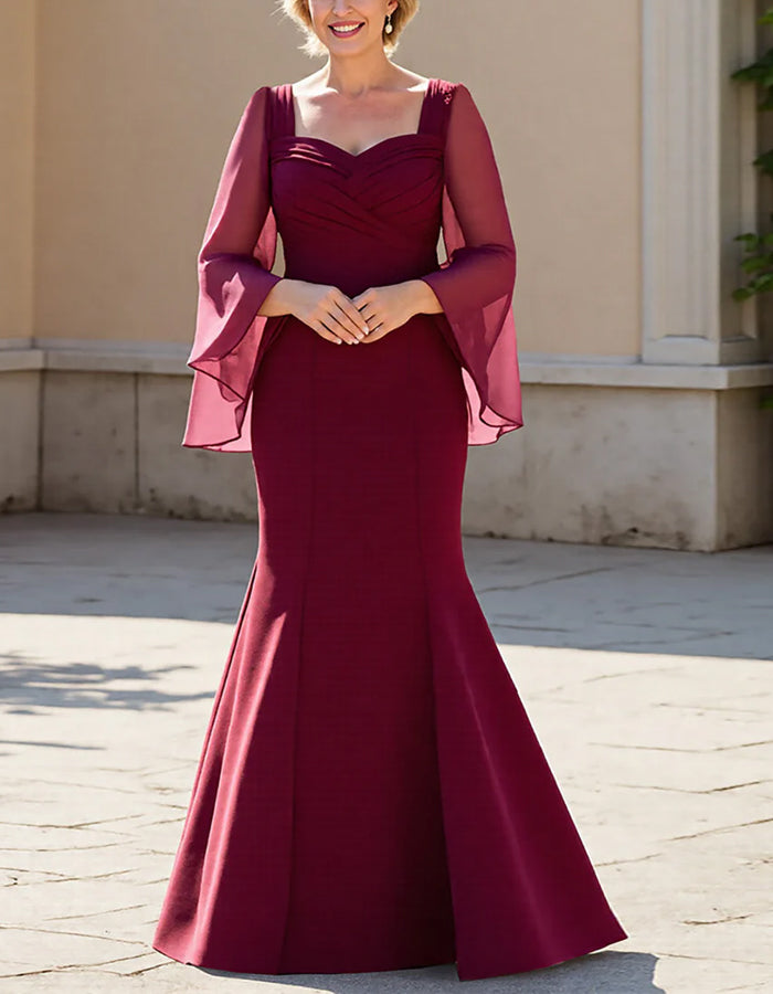 Vestido Maxi Borgonha em Chiffon com Mangas Xale, Cintura Ajustada e Cauda de Peixe  