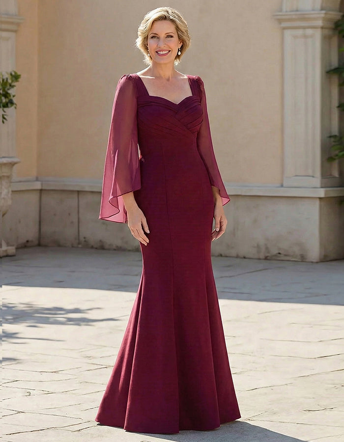 Burgundy chiffong sjalärmar figursydd midja fiskstjärt maxi klänning