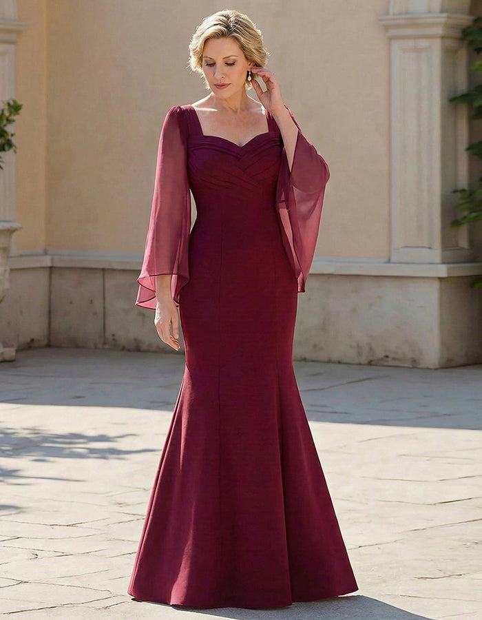 Burgundy chiffong sjalärmar figursydd midja fiskstjärt maxi klänning