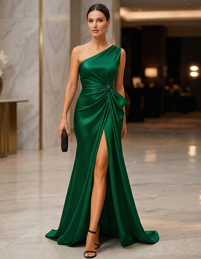 Grünes Satin-Maxikleid mit einer Schulter, gedrehtem Fischschwanz