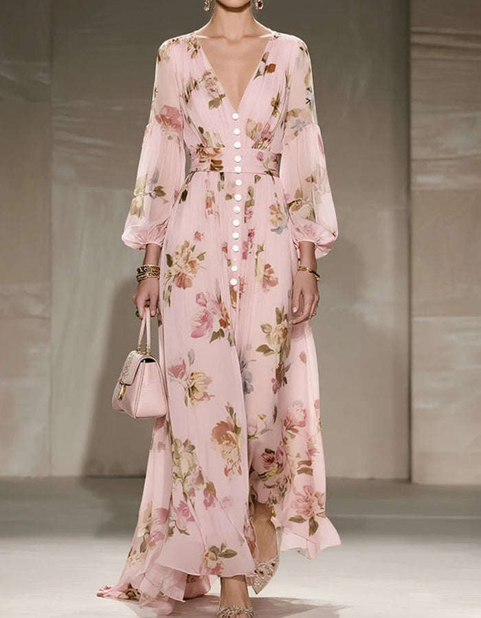 Robe longue en mousseline à imprimé floral avec fond rose et manches lanterne