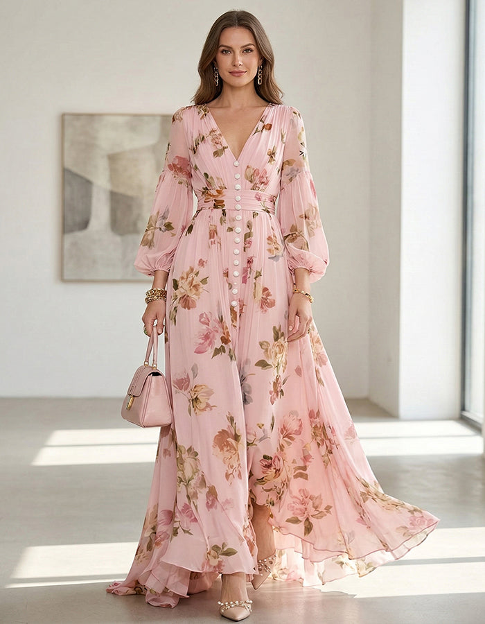 Maxikleid aus Chiffon mit Blumenmuster, rosa Untergrund und Laternenärmeln