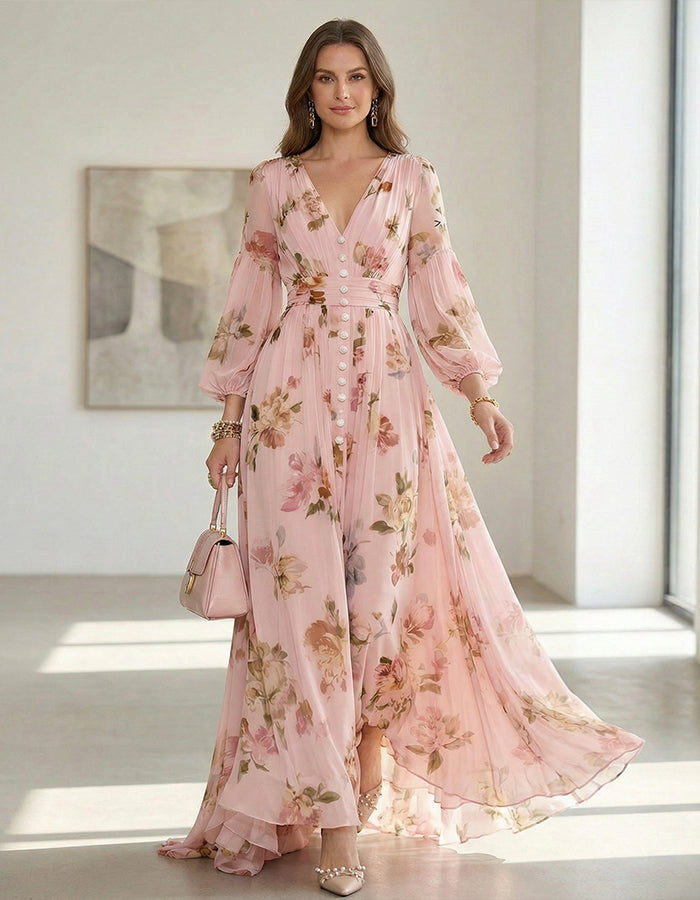 Abito lungo in chiffon con stampa floreale, base rosa e maniche a lanterna
