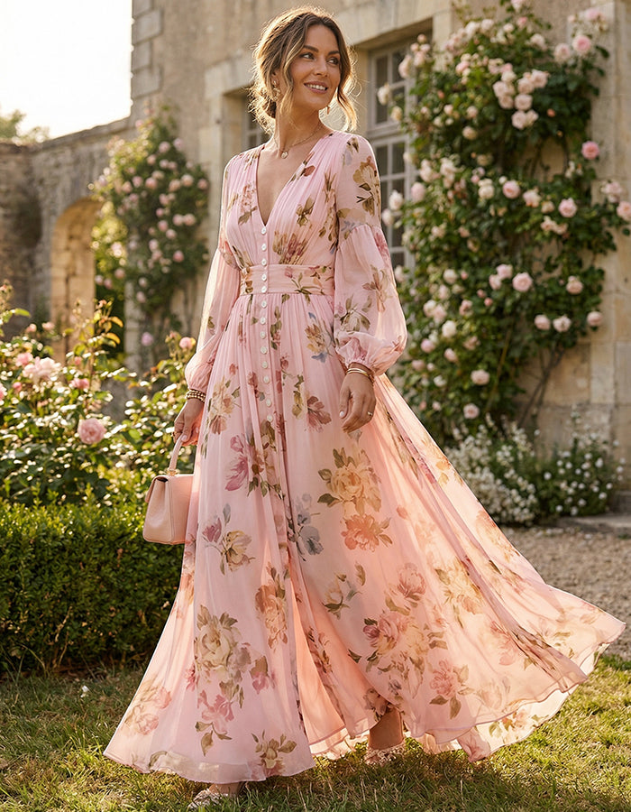 Abito lungo in chiffon con stampa floreale, base rosa e maniche a lanterna