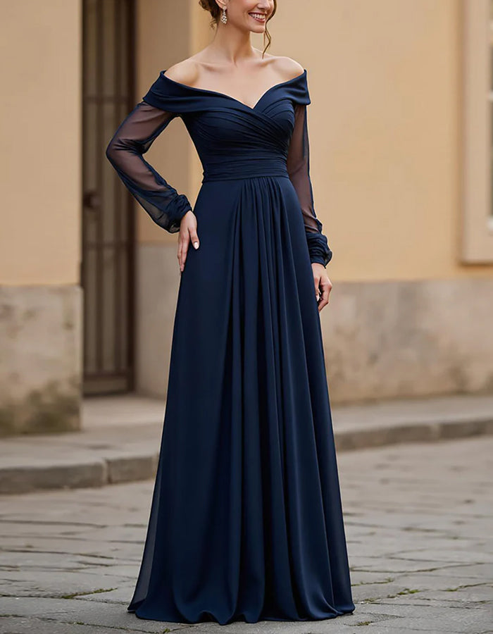 Vestido Maxi Azul Marinho em Chiffon Ombro a Ombro com Cintura Ajustada  