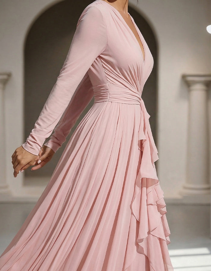 Pink Draped Chiffon V-Neck Long Sleeves With Ruffles Maxi Dress