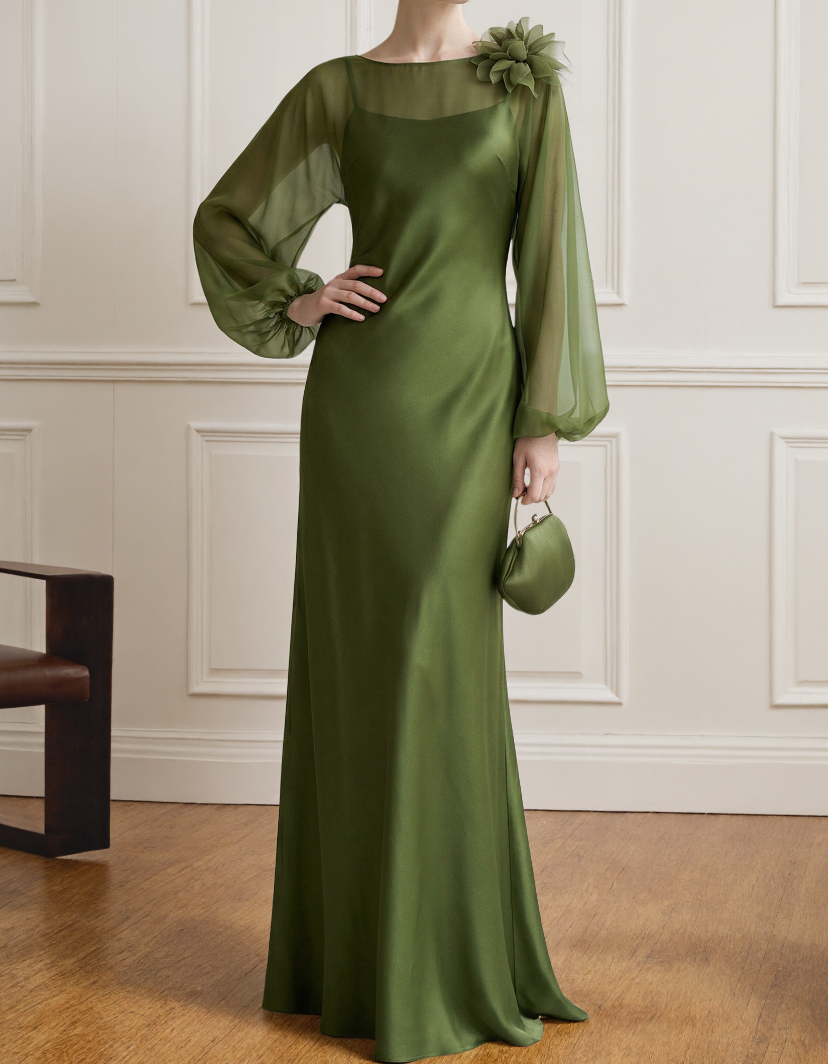 Chiffon Hoodie Paired Satin Camisole Flowers Maxi Dress