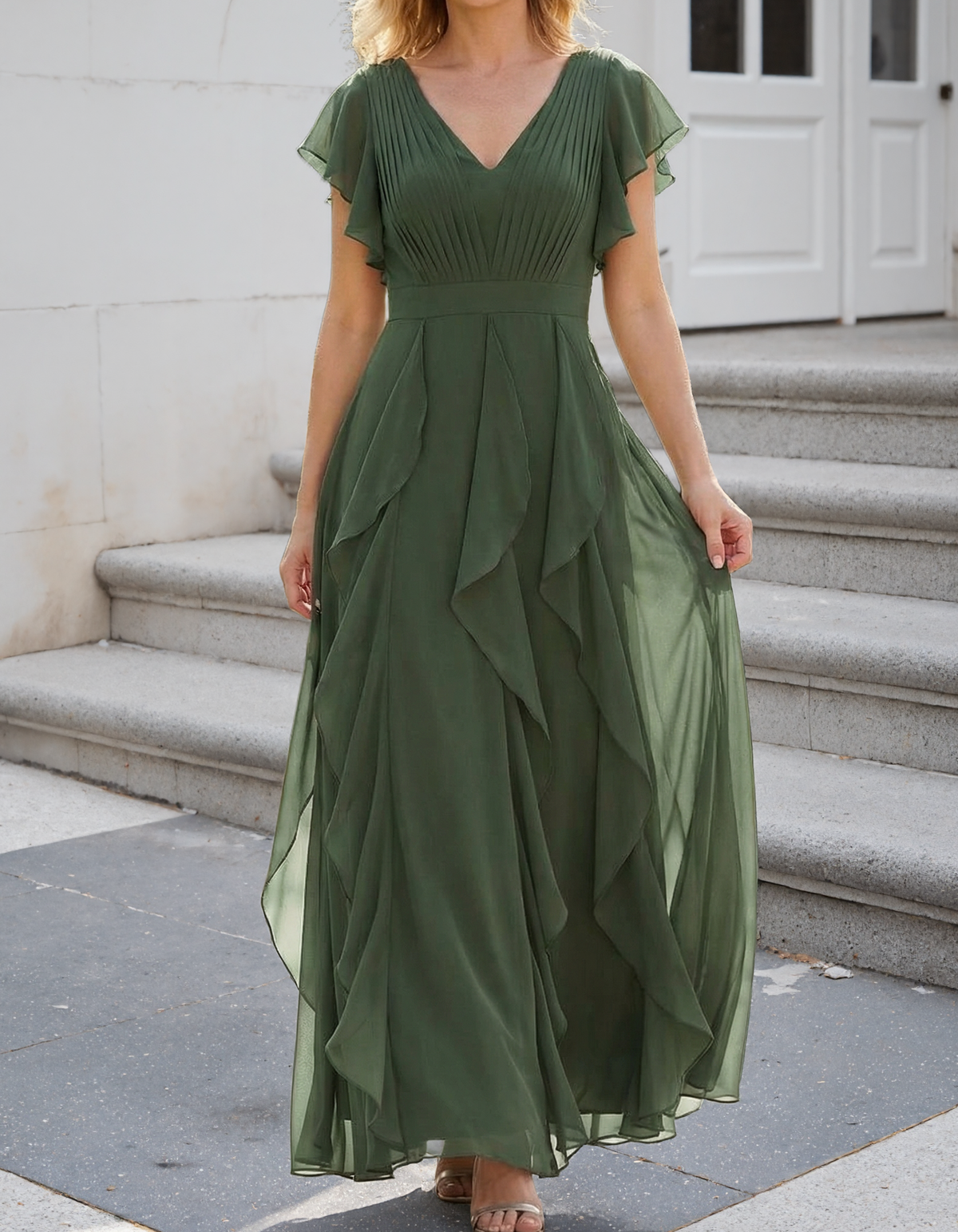 Abito lungo in chiffon con scollo a V, orlo con volant e vita aderente
