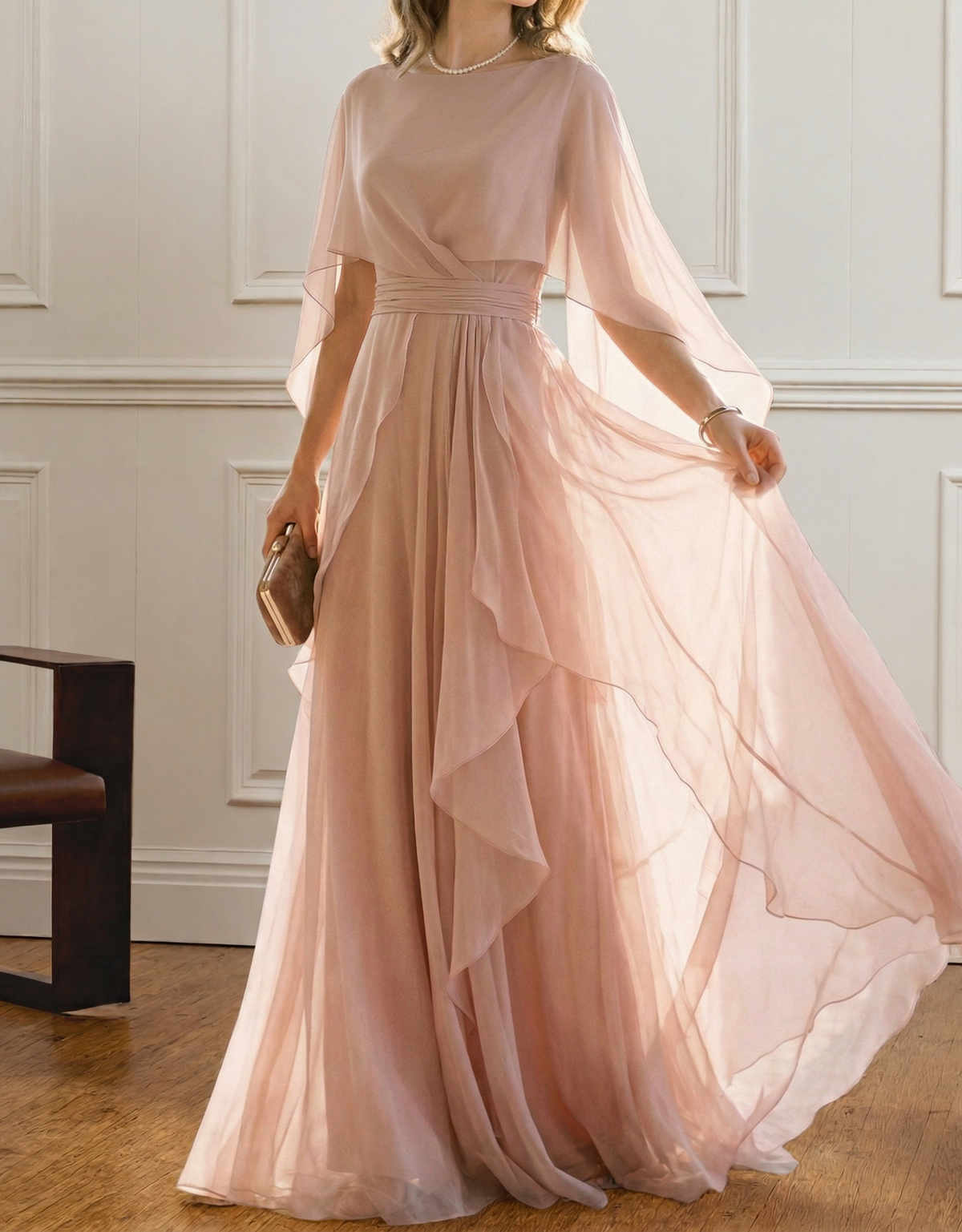 Chiffon Ronde Hals Sjaal Maxi Jurk