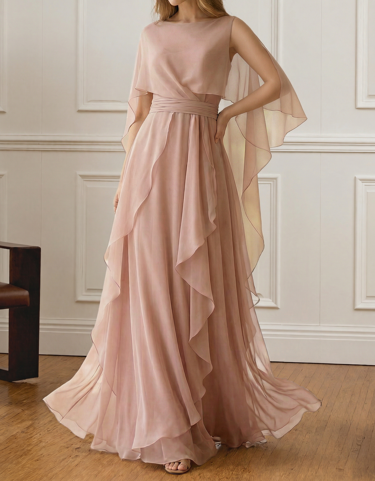 Chiffon Ronde Hals Sjaal Maxi Jurk
