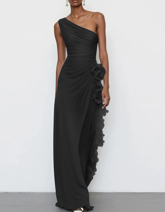 Vestido Maxi Floral de Chiffon com Ombro Único e Drapeado