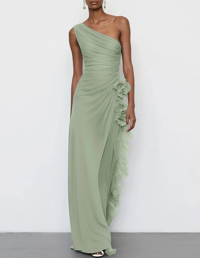 Vestido Maxi Floral de Chiffon com Ombro Único e Drapeado