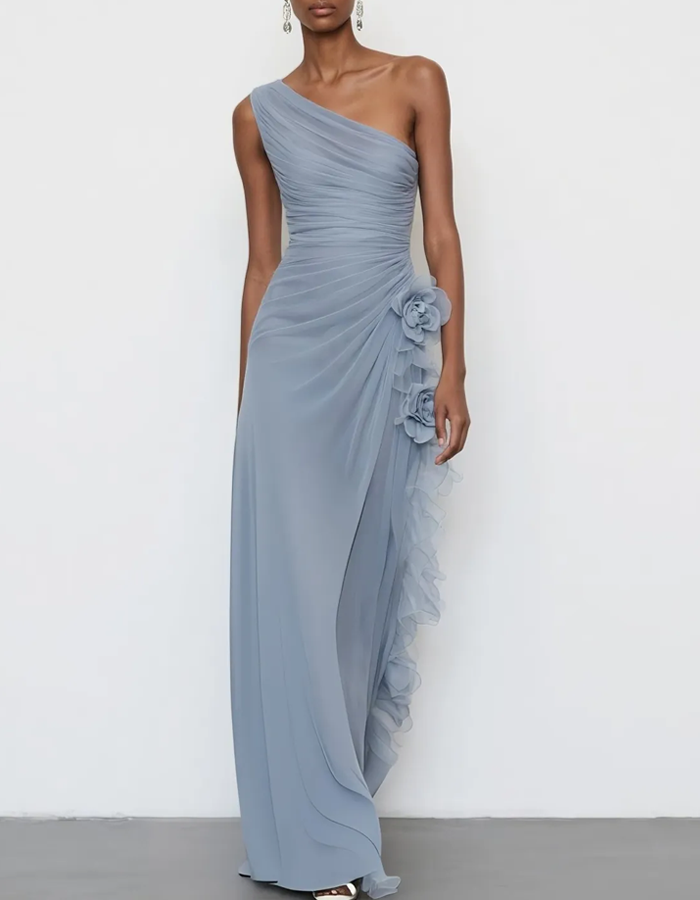 Vestido Maxi Floral de Chiffon com Ombro Único e Drapeado