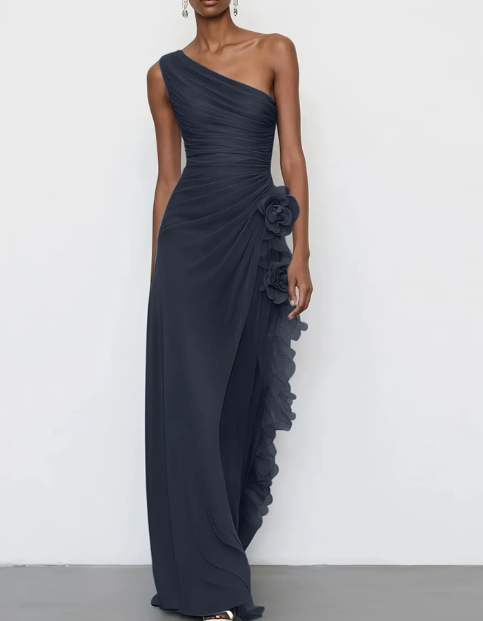 Vestido Maxi Floral de Chiffon com Ombro Único e Drapeado