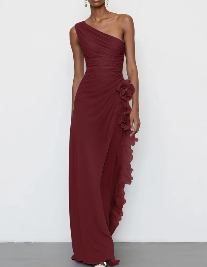 Vestido Maxi Floral de Chiffon com Ombro Único e Drapeado