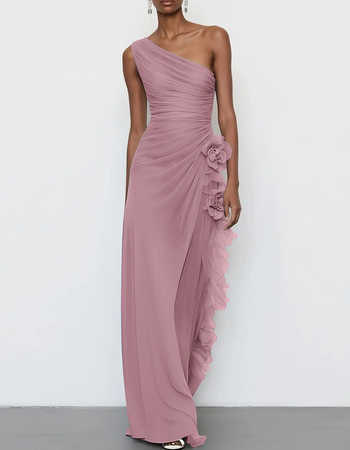 Vestido Maxi Floral de Chiffon com Ombro Único e Drapeado
