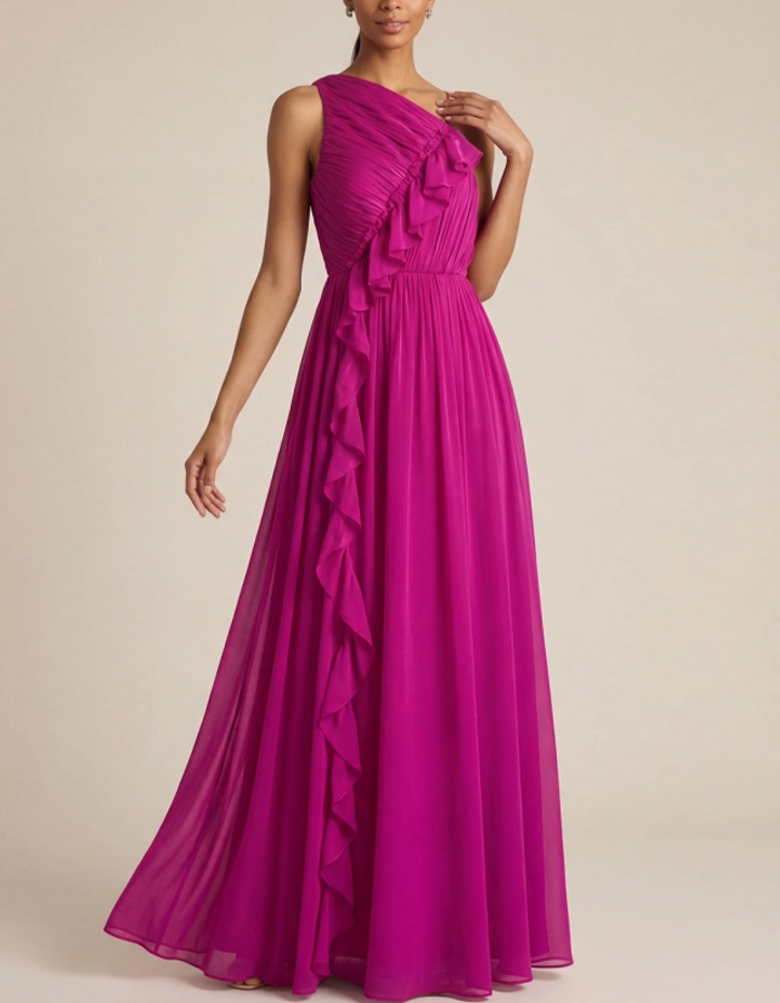 Maxikleid aus Chiffon mit einer Schulter und Rüschen