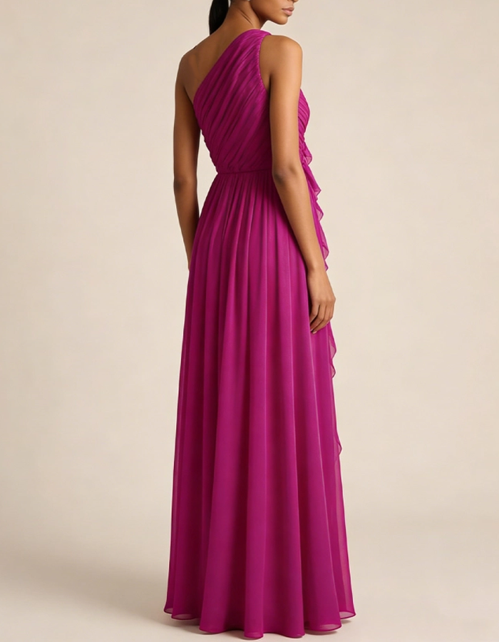 Vestido Maxi de Chiffon com Folhos e Um Ombro Só