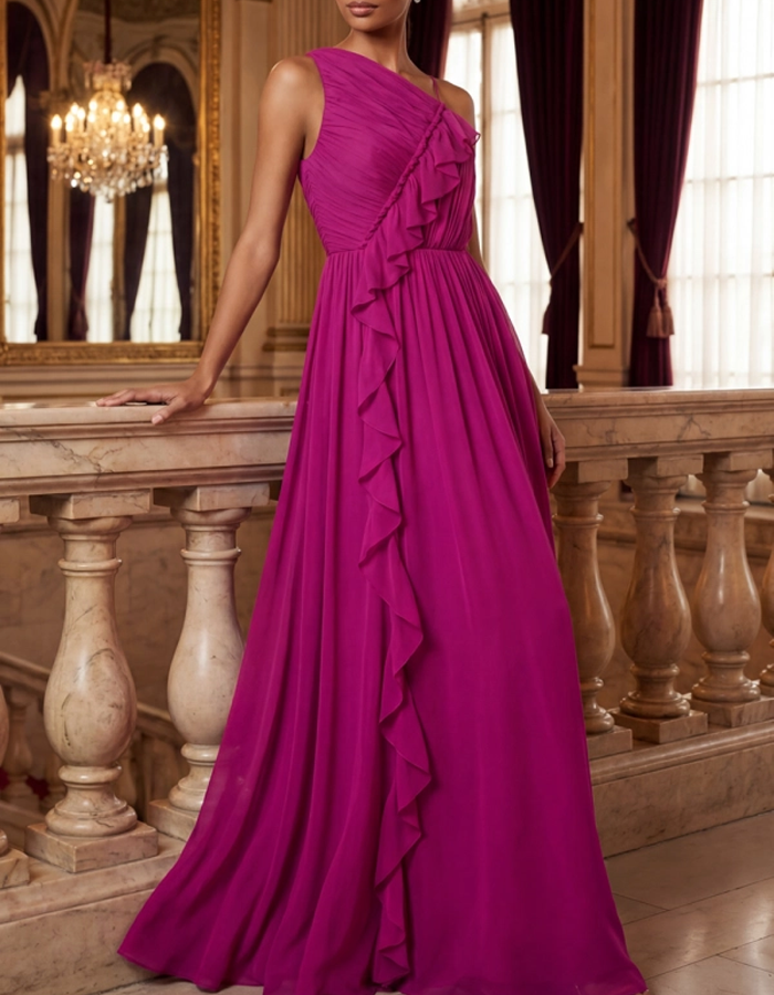 Vestido Maxi de Chiffon com Folhos e Um Ombro Só