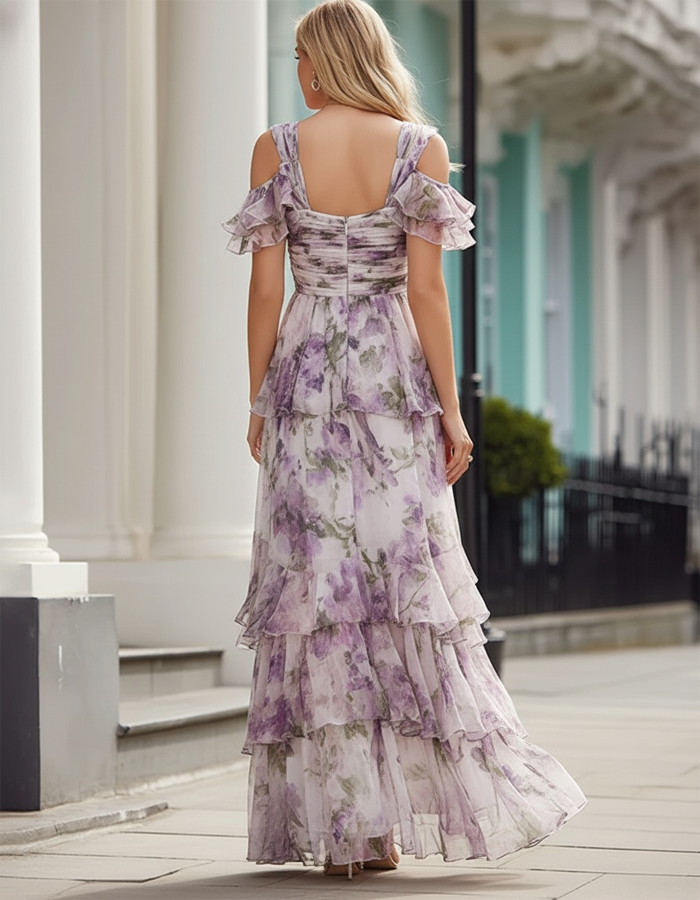 Rochie maxi din chiffon cu imprimeu floral, decolteu adânc în V și umerii goi