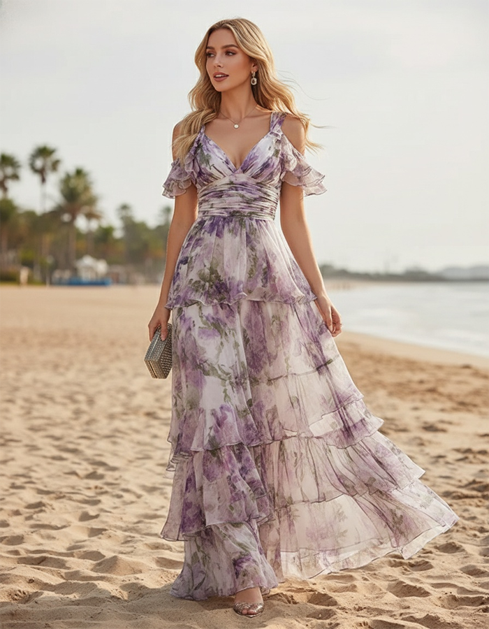 Rochie maxi din chiffon cu imprimeu floral, decolteu adânc în V și umerii goi