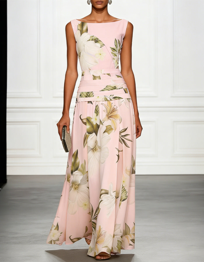 Light Blue Magnolia Floral Print Chiffon Round Neck Maxi Dress