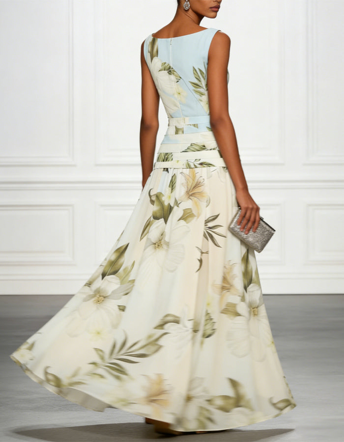 Robe longue en mousseline bleu clair à col rond avec imprimé floral magnolia