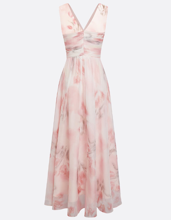 Hellrosa Maxikleid aus Chiffon mit Aquarell-Blumenmuster und V-Ausschnitt