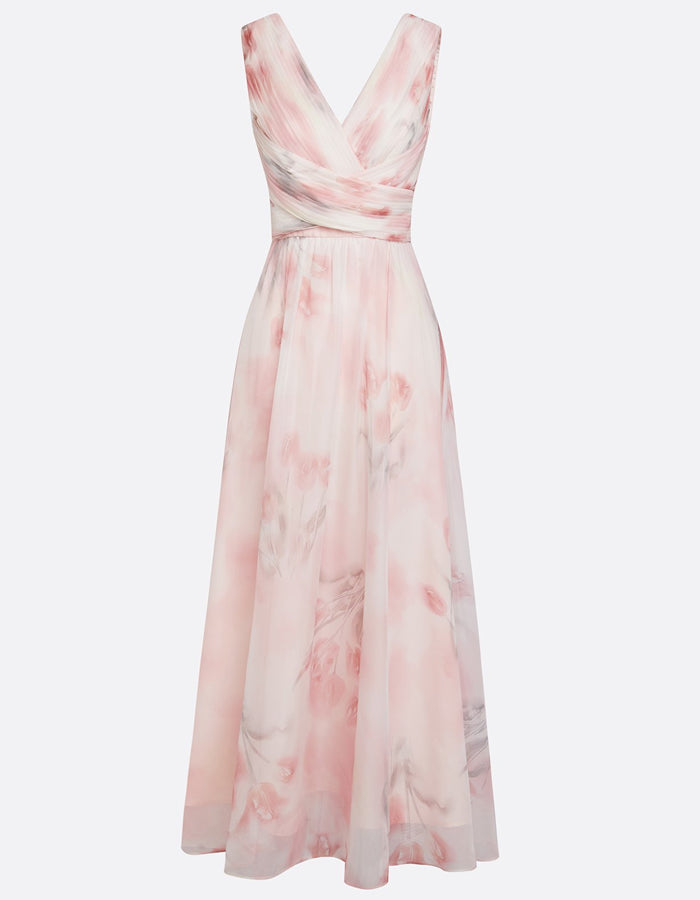 Hellrosa Maxikleid aus Chiffon mit Aquarell-Blumenmuster und V-Ausschnitt