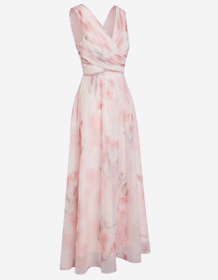 Hellrosa Maxikleid aus Chiffon mit Aquarell-Blumenmuster und V-Ausschnitt