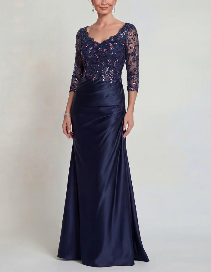 Vestido Maxi em Cetim com Renda e Lantejoulas de Cor Sólida e Cauda de Peixe  