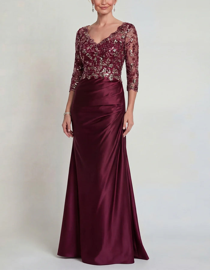 Einfarbiges Maxikleid mit Pailletten, Spitzenbesatz und Satin-Fischschwanz