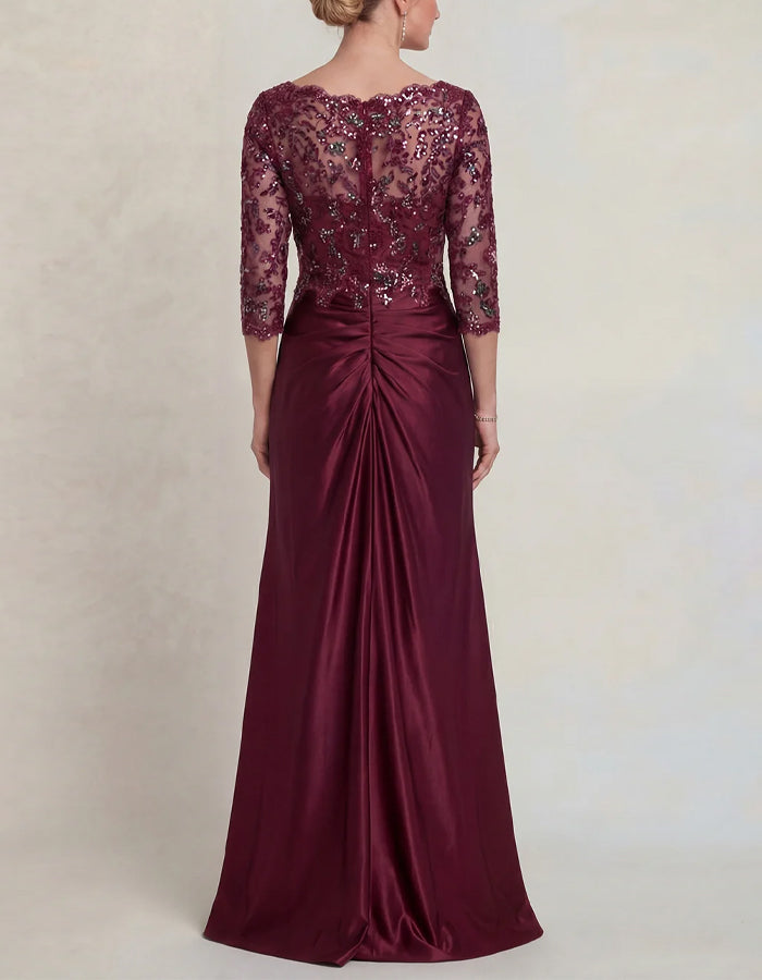 Vestido maxi de cola de pez de satén con encaje de lentejuelas y empalme de color liso