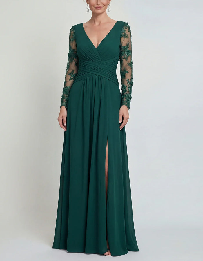 Robe longue en mousseline vert foncé à manches longues en dentelle avec fentes