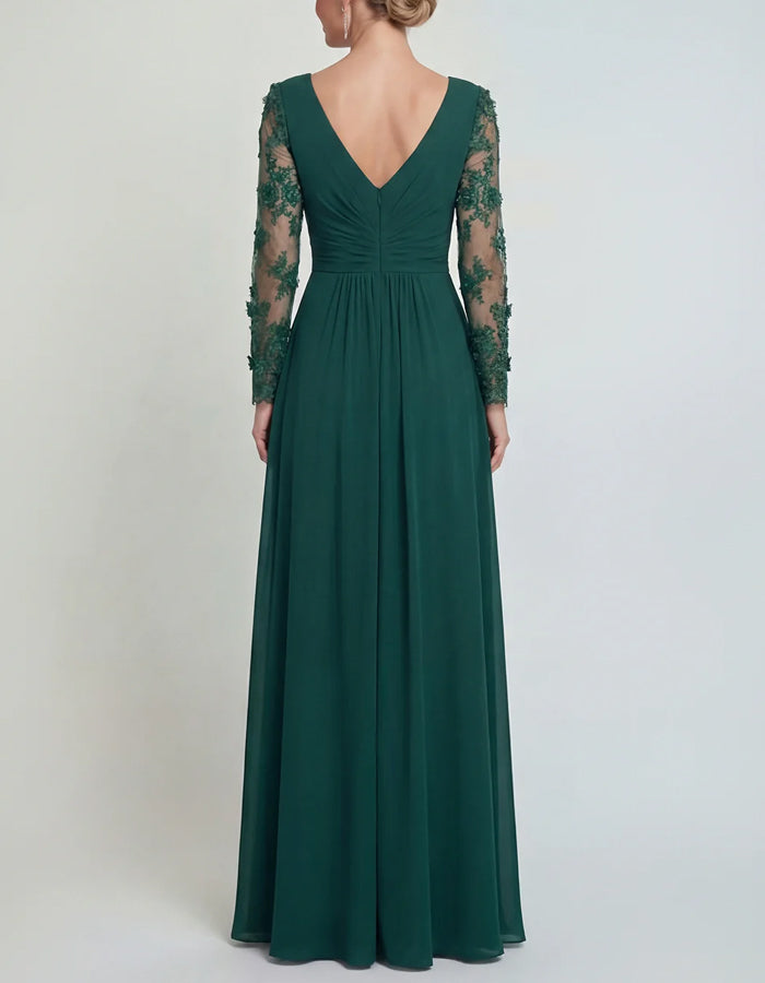 Robe longue en mousseline vert foncé à manches longues en dentelle avec fentes