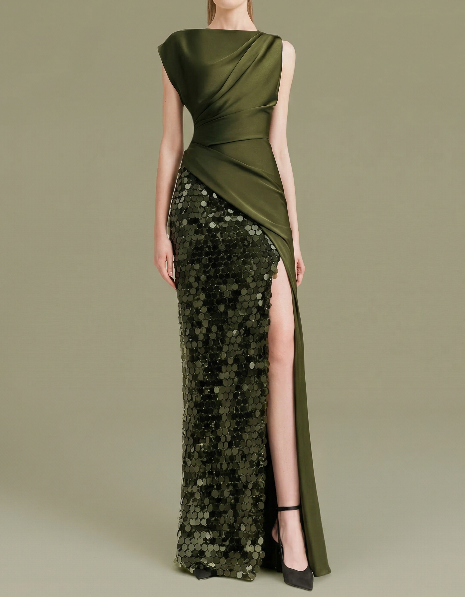 Olive Green Satin With Large Sequins Maxi Dress
