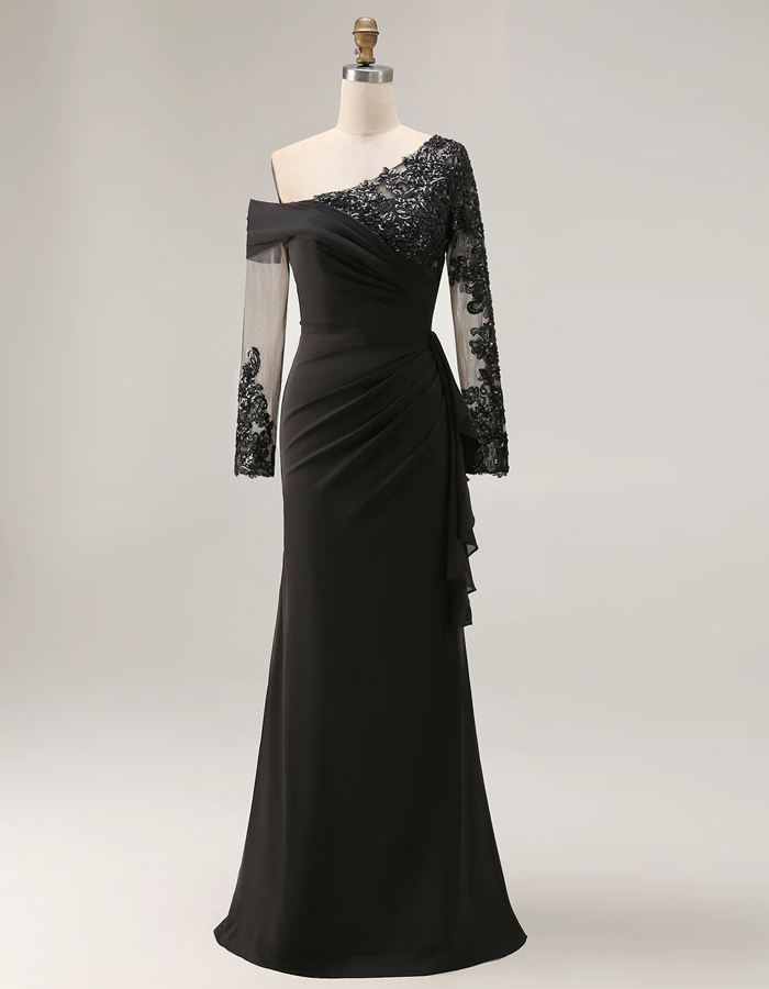 Vestido maxi drapeado de encaje de un solo hombro en color sólido