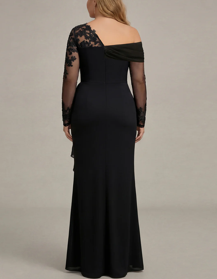 Vestido maxi drapeado de encaje de un solo hombro en color sólido