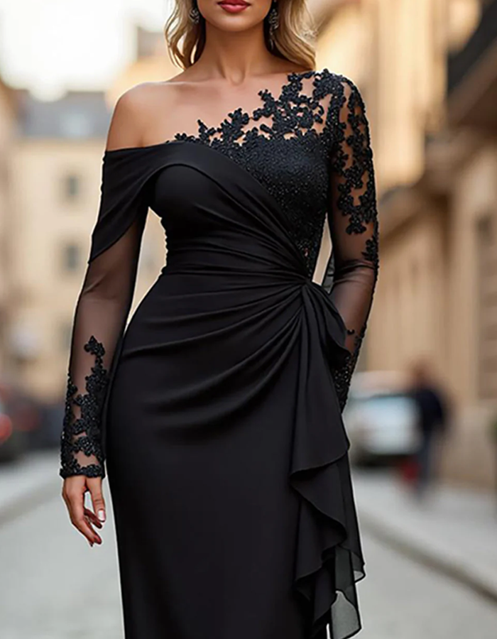 Robe longue drapée en dentelle à une épaule, couleur unie