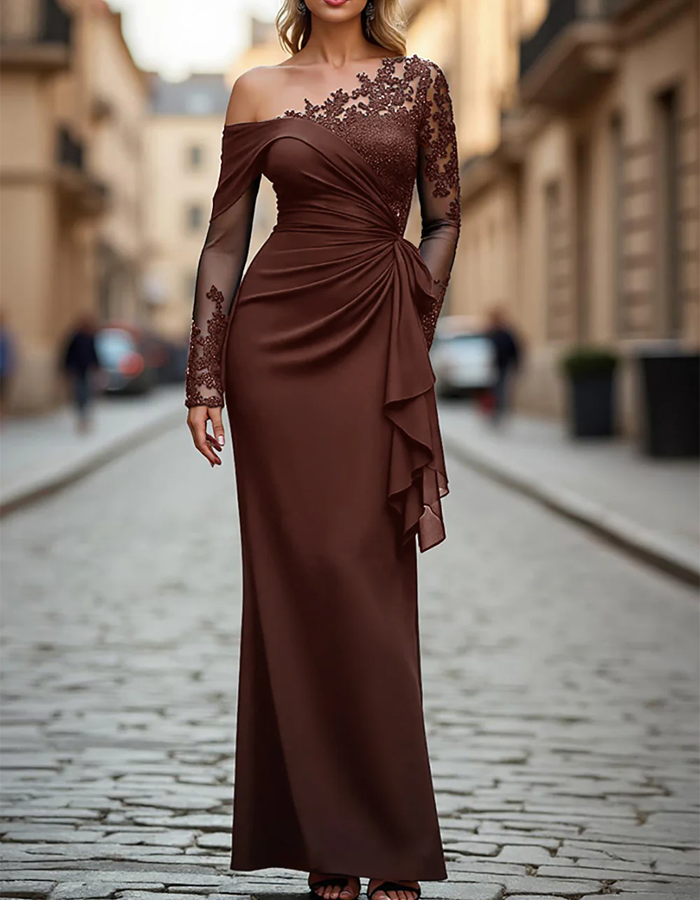 Vestido Maxi Drapeado de Renda com Ombro Único e Cor Sólida