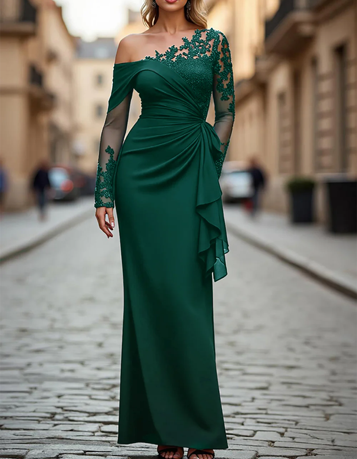 Vestido Maxi Drapeado de Renda com Ombro Único e Cor Sólida